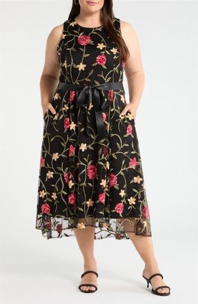Tahari by ASL Embroidered Sleeveless Midi Dress in Black Multi at Nordstrom, Size 20W