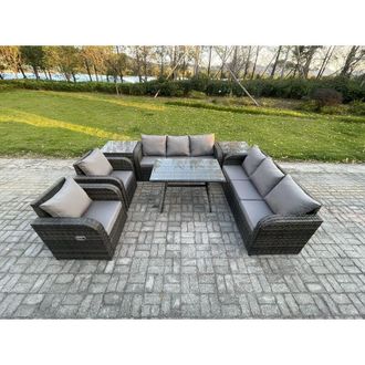 Fimous 8 Seater Rattan Outdoor Garden Furniture Sofa Set Patio Table & Chairs Set with 3 Seater Sofa Rectangular Dining Table 2 Side Tables Dark Grey Mixed