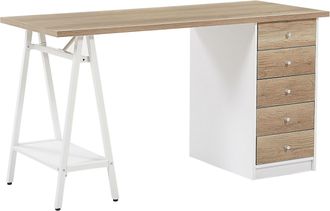 Beliani Beliani - Escritorio Para Oficina En Casa Tablero De Madera Clara 140 X 60 Cm Con Cajones Marco Blanco Heber