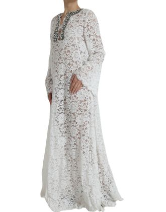 Dolce & Gabbana Womens White Lace Crystal Embellished Shift Dress Cotton Nylon Viscose