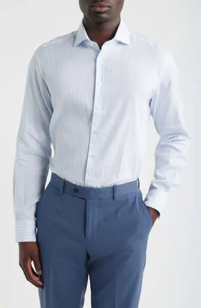 Eterna Slim Fit Stripe Non-Iron Cotton & Linen Dress Shirt in Light Blue at Nordstrom, Size 16.5 - L