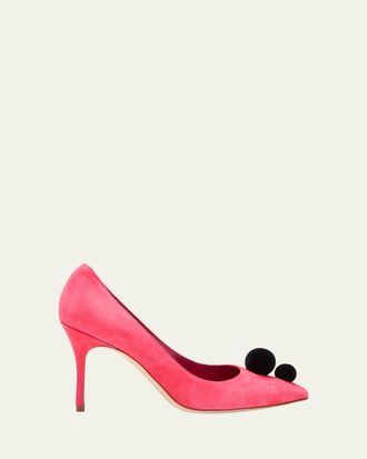 Manolo Blahnik Piera Suede Pom Pom Pumps