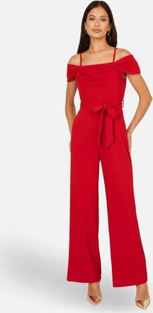 Yumi Draped Bardot Wide-Leg Self-Tie Jumpsuit in Red at Nordstrom, Size 10
