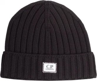 C.P. Company Zwarte Merinowollen Beanie - Heren - Hoeden - Zwart - ONE Size - Wol - Accessoires