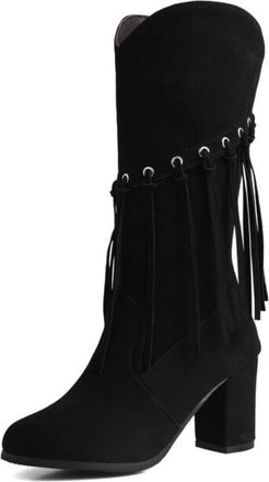 Generic Womens Faux Suede Western Cowboy Boots Round Toe Mid-Calf Boots with Side Zipper Chunky High Heel Fringe Boot,Black,10.5 UK