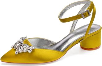 Generic Heels Wedding Shoes Pointed Toe Slingback Bridal Low Block Heels Comfortable Prom Evening Formal Party Shoes 4.5Cm,Yellow,9 UK