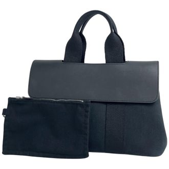 Herm&egrave;s Black Toile Chevron Leather Handbag Tote Bag (Pre-Owned)