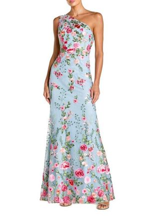 Mac Duggal Womens One Shoulder Lace Embroidered Gown in Powder Blue Multi at Nordstrom, Size 10