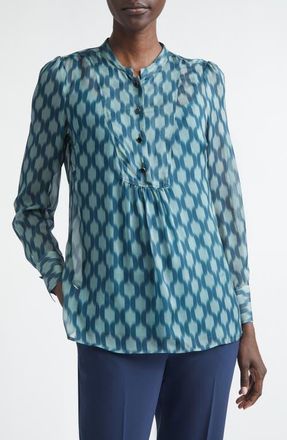St. John Geometric Print Silk Georgette Top in Tourmaline Ice Blue Multi at Nordstrom, Size 16