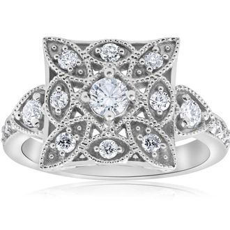 Pompeii3 1/2ct Vintage Diamond Ring Square Framed Filigree Band 10K White Gold Size Selectable