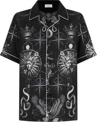 Philipp Plein Silk Bowling Shirt All-Over Tattoo - Heren - Korte mouwen Overhemden - Zwart - XL - Overhemden