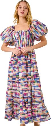 DUSK Womens Abstract Puff Sleeve Tiered Dress - Pink - Size 10 UK