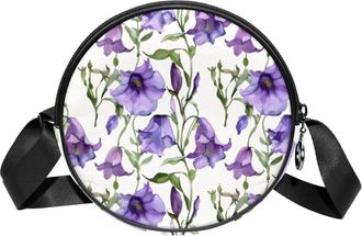 Generic Circle Crossbody Bag for Women, Bell Flowers Purple Small Sling Bag Daypack with Zipper Adjustable Shoulder Straps Casual Ladies Girls Round Purse