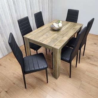 Kosy Koala Dining Table & 6 Chairs - Rustic Effect Dining Table With 6 Black Velvet Chairs Dining Furniture Set in Brown