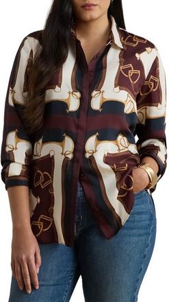 Lauren Ralph Lauren Kristy Twill Button-Up Shirt in Navy/Cream Multi at Nordstrom, Size 2 X