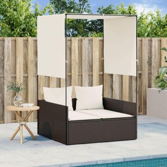 vidaXL Tumbona Doble Con Techo Y Cortinas Rat&aacute;n Sint&eacute;tico Marr&oacute;n Vidaxl