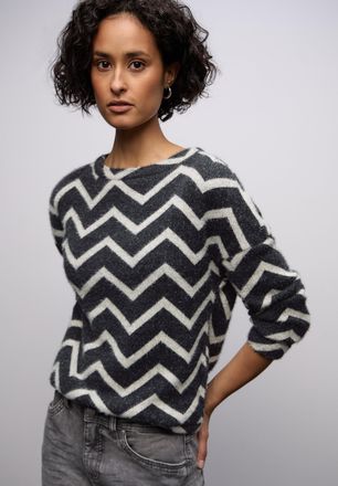 Street One Rundhalspullover STREET ONE, Damen, Gr. 34, schwarz, Strick, Obermaterial: 64% Polyamid, 23% Polyester, 13% Viskose, gemustert, regular fit normal, U-