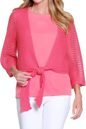 Multiples 3/4 Sleeve Tie Front Waist Sweater Cardigan In Coral Pink