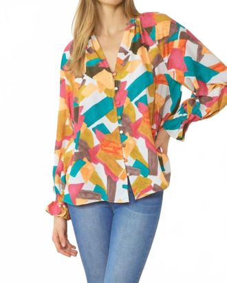 Entro Abstract Button Down Blouse In Fuchsia Mix