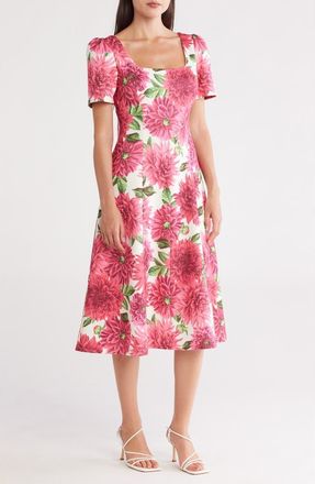 Donna Ricco Square Neck Short Sleeve Fit & Flare Dress in Ivory Multi at Nordstrom Rack, Size 16