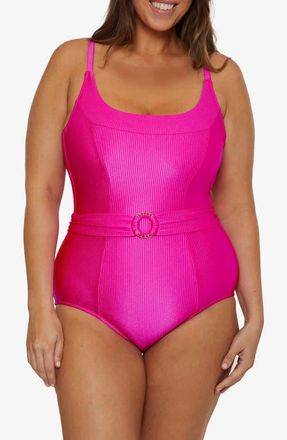 Becca Etc by Rebecca Virtue Monte Carlo Belted Rib One-Piece Swimsuit in Azalea at Nordstrom, Size 0X
