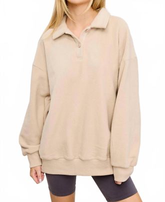 Mimosa Teddy Velour Buttoned Collar Pullover Knit Sweater In Beige