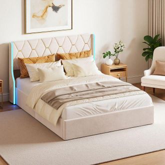 OEM Cama 140x190 Cm, Led Rgb, Hidr&aacute;ulica, Contempor&aacute;nea, Marco De Cama Doble 140x190 Cm, Terciopelo, Beige