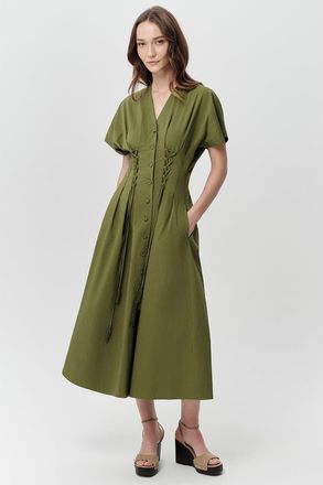 Exquise Andree V Neck Tie Waist Pocket Midi Dress in Khaki at Nordstrom, Size X-Small