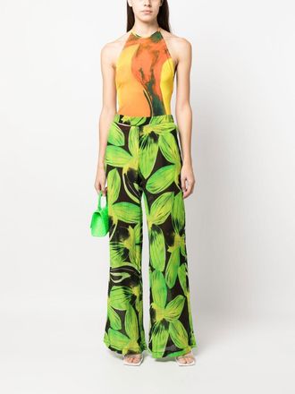 Louisa Ballou Leaves-Print Wide-Leg Trousers - Green