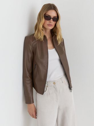 Reiss Taupe Neutral Petite Leather Collarless Biker Jacket, 10