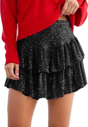 Generic Stylish Sequin Pleated Mini Skirt Fashionable Glitter Pile Design Solid Color Party Wear Leather Skirts for Women UK Mesh Dresses Purple Short Pink Tu