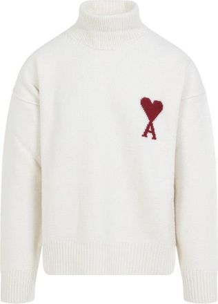 Ami Adc Funnel Neck Off White And Red Wool Sweater