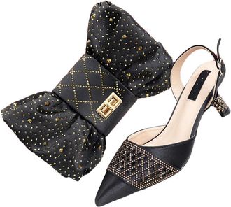 Generic Womens Luxury Shoes and Bags Matching Set Pointed Toe High Heel Sandals Sparkly Rhinestone Bow Bag Black