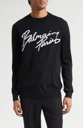 Balmain Paris Logo Intarsia Merino Wool Blend Sweater in Black/White at Nordstrom, Size Xxx-Large