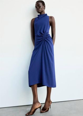 Mango Vestito collo drappeggiato increspato blu - Donna - S - MANGO
