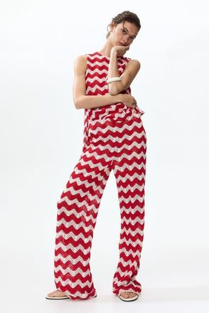 H&M Crochet-look jacquard jersey pants in White/red Striped at Nordstrom, Size Xx-Large