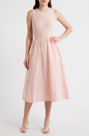 Elie Tahari Emma Sleeveless Rib & Broderie Anglaise Dress in Pale Blush at Nordstrom, Size X-Small