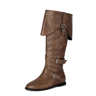 Generic Womens PU Leather Knee High Boots with Side Zipper Round Toe Long Boots with Buckle Flat Heel Pirate Boot,Brown,6.5 UK