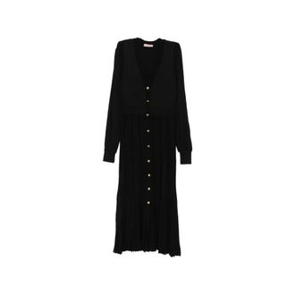 Twinset Kleedjes, Dames, Zwart, M, Geribde V-hals Jurk met Knopen aan de Voorkant Midi