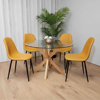 Kosy Koala Round Glass Dining Table Set With 4 Mustard Gem Pattern Chairs