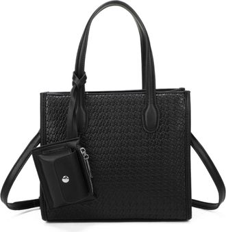 Generic Womens Tote Bag, Textured Weave Pattern, Shoulder Bag with Crossbody Strap, Small Pouch Attachment (BLACK)