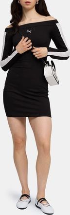Puma T7 Off the Shoulder Bodycon Dress in Puma Black at Nordstrom, Size Medium