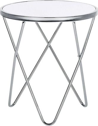 Beliani Beliani - Mesa auxiliar tablero de cristal templado blanco patas de horquilla de metal plateado forma redonda Meridian ii