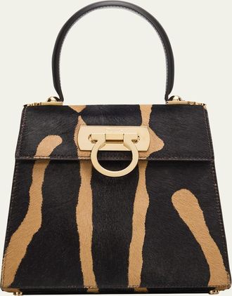 Ferragamo Iconic Zebra-Print Ponyhair Small Top-Handle Bag