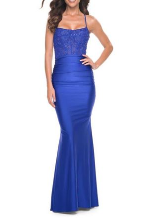 La Femme Ruched Jersey Dress with Illusion Corset Lace Top in Royal Blue at Nordstrom, Size 12