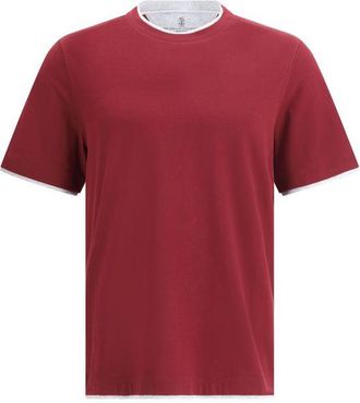Brunello Cucinelli Brunello Cucinelli Mens Layered Trim Short Sleeve Tee - Dark Red Cotton - Size Large