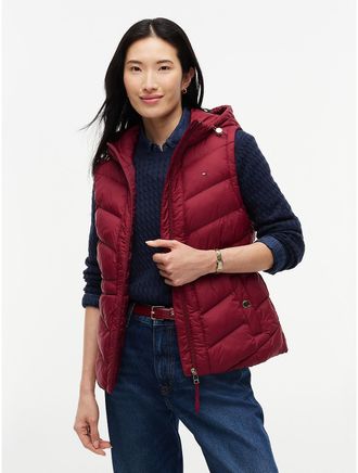 Tommy Hilfiger Womens Lightweight Quilted Hooded Vest - Burgundy - XXL