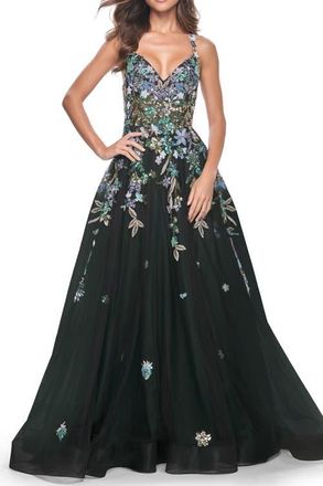 La Femme Gorgeous Sequin Floral Lace Applique A-Line Tulle Prom Dress in Black at Nordstrom, Size 12