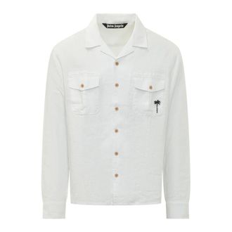 Palm Angels Logo Bowling Shirt - Heren - Casual Overhemden - Wit - S - Overhemden