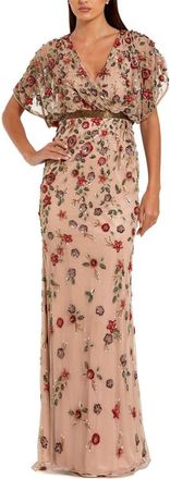 Mac Duggal Floral Embellished Short Sleeve Blouson Gown in Antique Rose at Nordstrom, Size 16